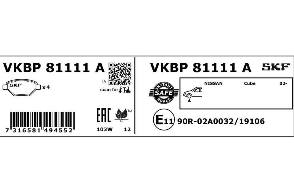 Jogo de 4 pastilhas de travão SKF ref. VKBP 81111 A